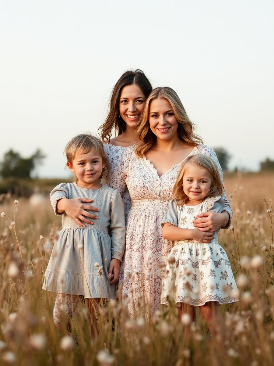 Mother with children in a meadow, sparkling keepsake