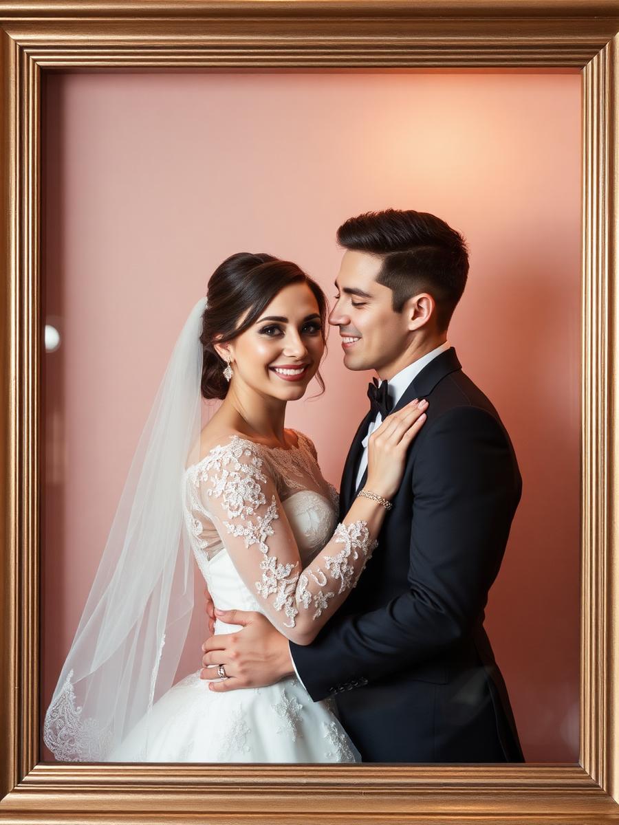 Bride and groom embracing, embellished with diamond dust